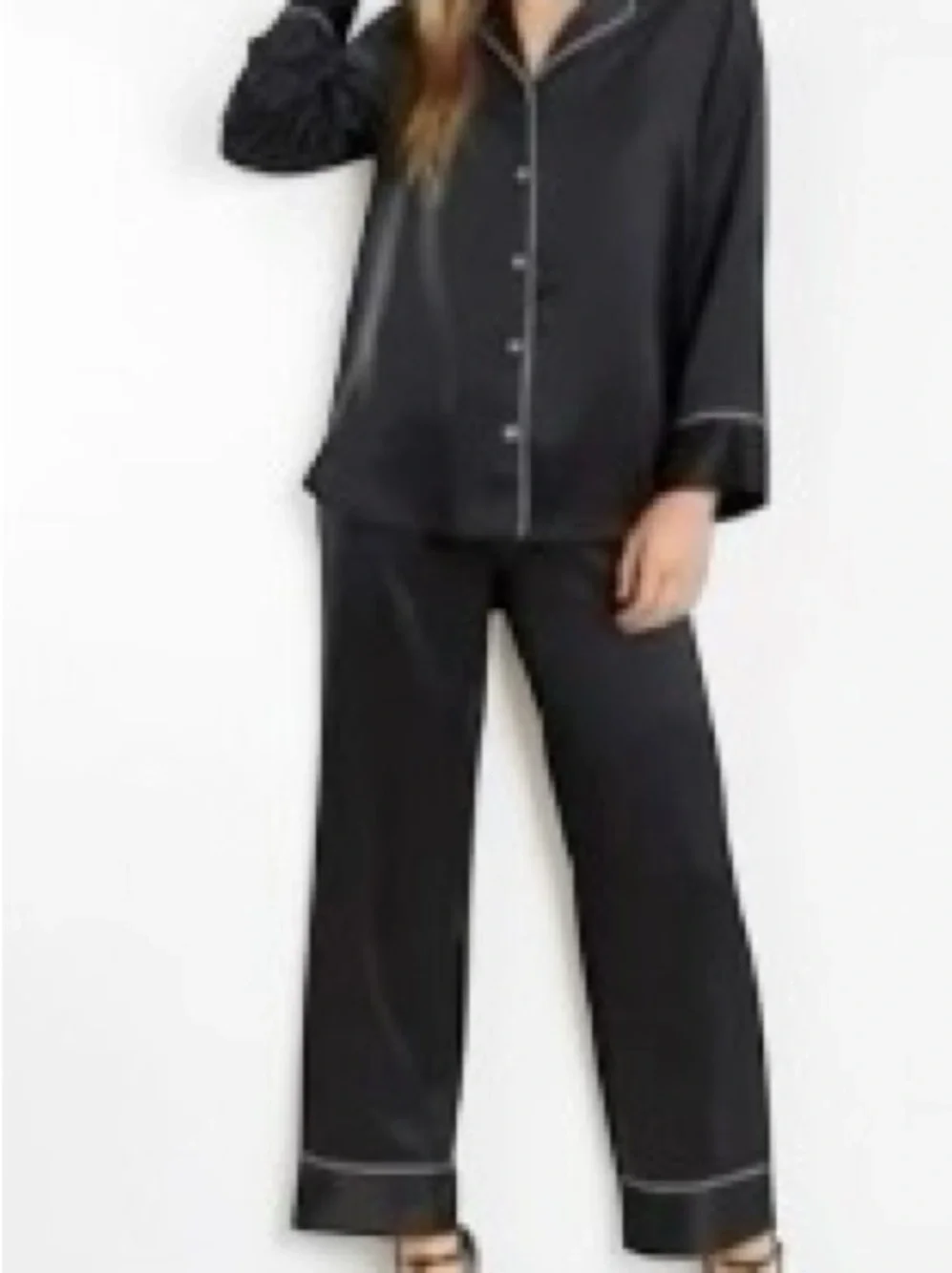 NATORI Black Satin Piped White Pajama Set Pants Button Down Shirt PJ’s L Silky